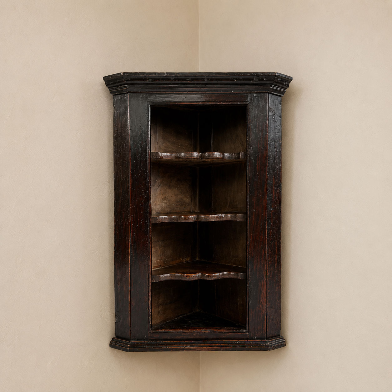 18th century oak corner wall-hung open shelves