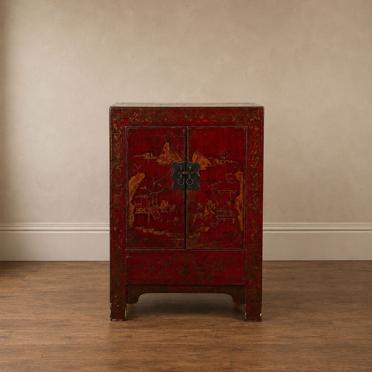 Chinese Red Lacquer Chinoiserie Cupboard Cabinet