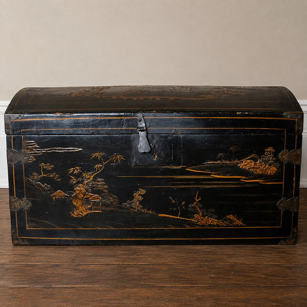 Thumbnail: 19th Century Chinese Export Black Lacquer Domed Trunk with Gilt Decoration