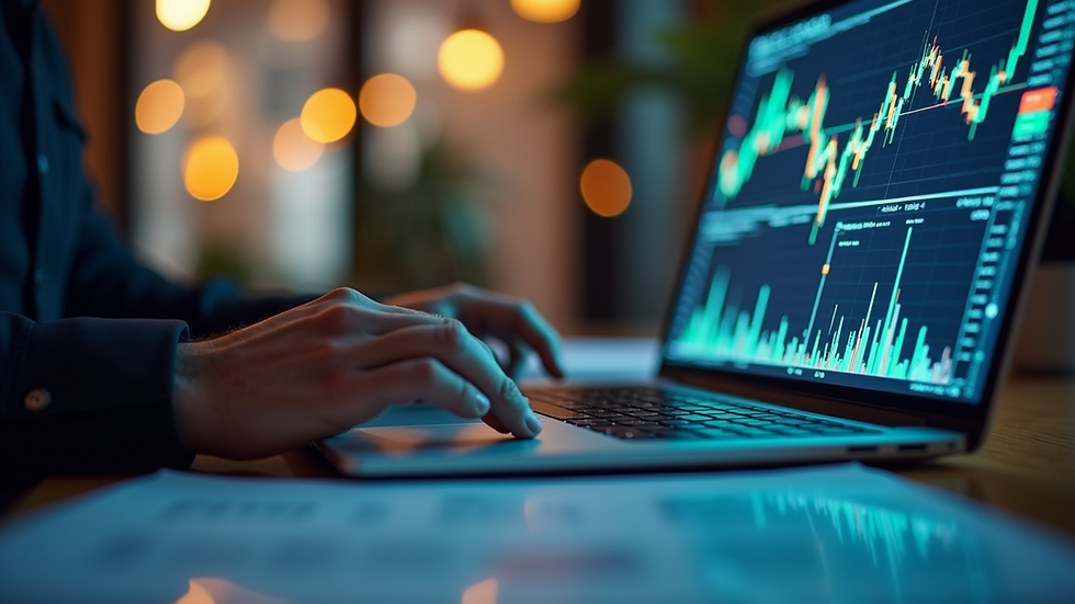 Eye-level view of a person analyzing investment charts on a laptop