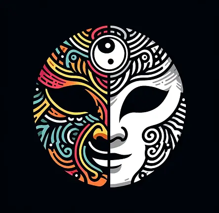 DALL·E 2024-05-12 00.36.25 - Redesign the vibrant, detailed logo featuring a mask split in