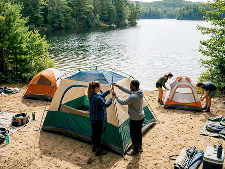Campers setting up dome and cabin tents outdoors