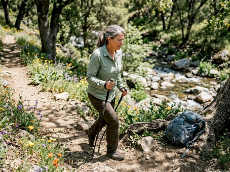 Woman hiking mountain trail outdoors