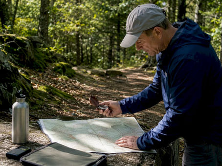 Hiker studying map at forest trailhead table