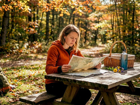 Woman reading map at trailhead kiosk outdoors