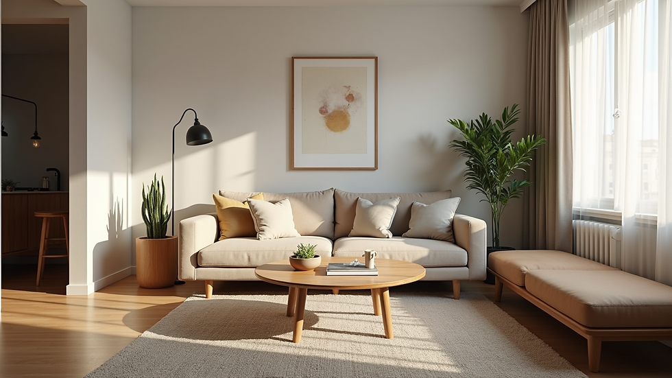 Eye-level view of a cozy short-term rental living room with modern decor