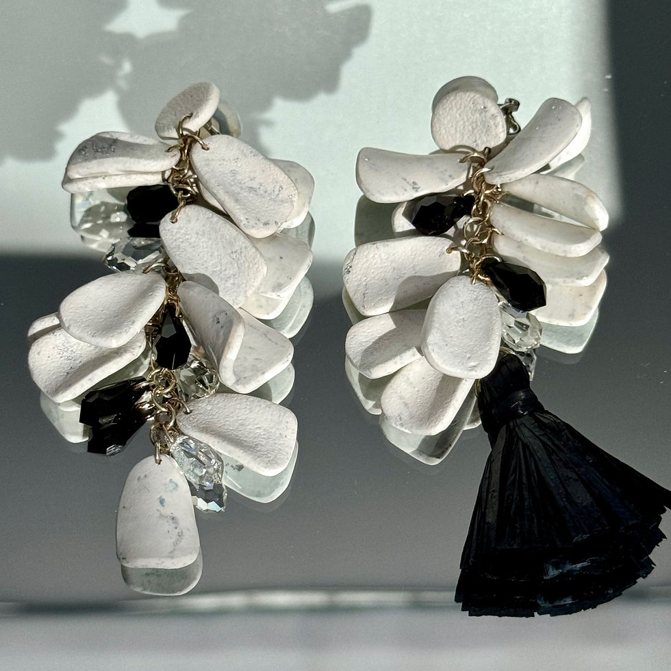 Grapes Stony Earrings Bijoux Vii Mykonos Collection asymmetrical white with black tassel and Swarovski on the table