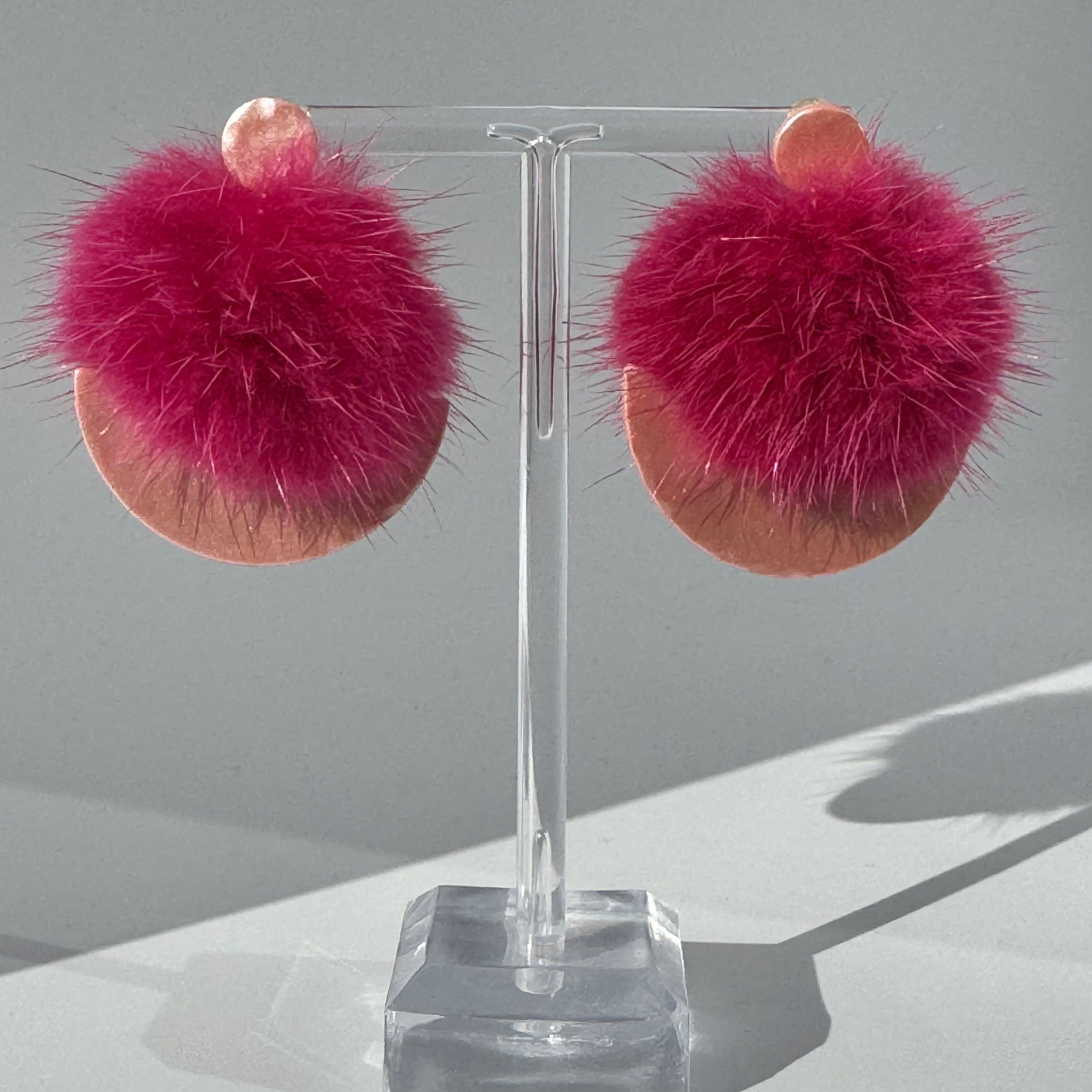 Princess Up Earrings, Mykonos Collection Bijoux Vii, fucsia furry pompon and pastel pink hammered metallic clay finish