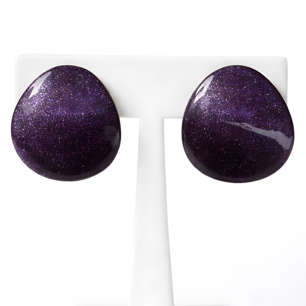 Thumbnail: Oval Glossy Earrings Bijoux Vii Idea Collection, M size, purple color shimmery glossy finish, on the earring stand