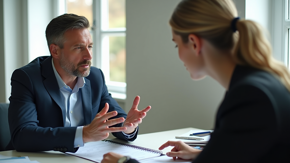 Eye-level view of a professional consultant discussing property investment with a client