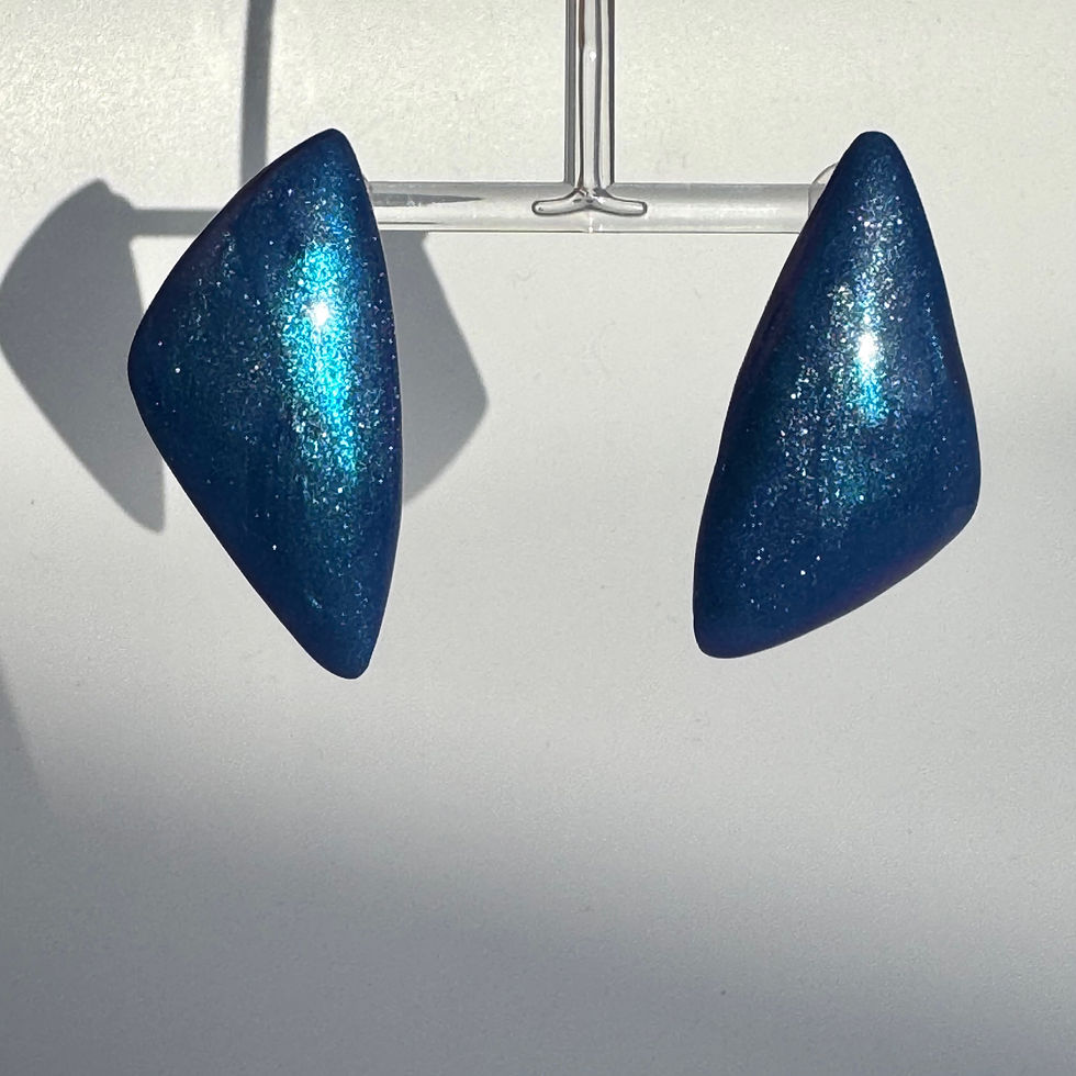 Balloon triangle Earrings, idea collection, Bijoux Vii, L size, petrol navy color glittery finish on the earring stand