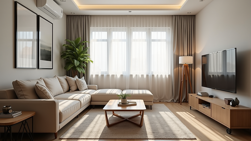 Eye-level view of a well-decorated short-term rental living room