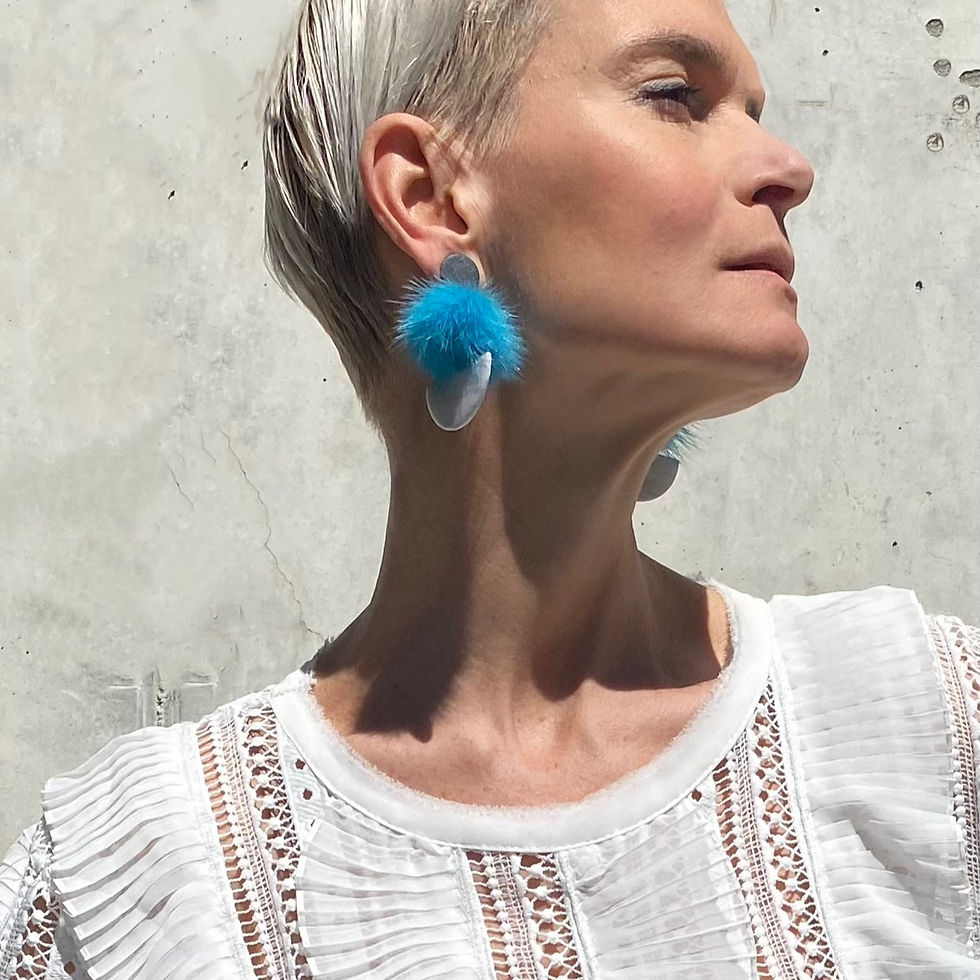 Thumbnail: Princess Up Earrings, Mykonos Collection Bijoux Vii, turquoise furry pompon on the woman