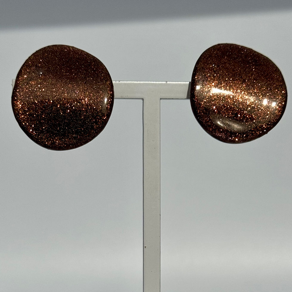 Thumbnail: Oval Glossy Earrings Bijoux Vii Idea Collection, S size, caramel brown glittery glossy finish, on the earring stand