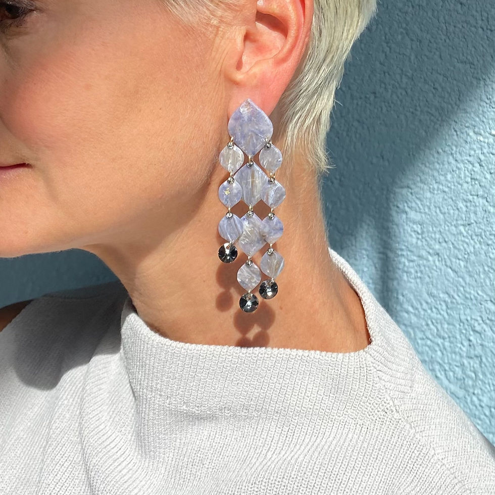 Thumbnail: Bijoux Vii, Triple Chandelier earrings, Olympia Collection, blue color on the woman with short hair, not being all face