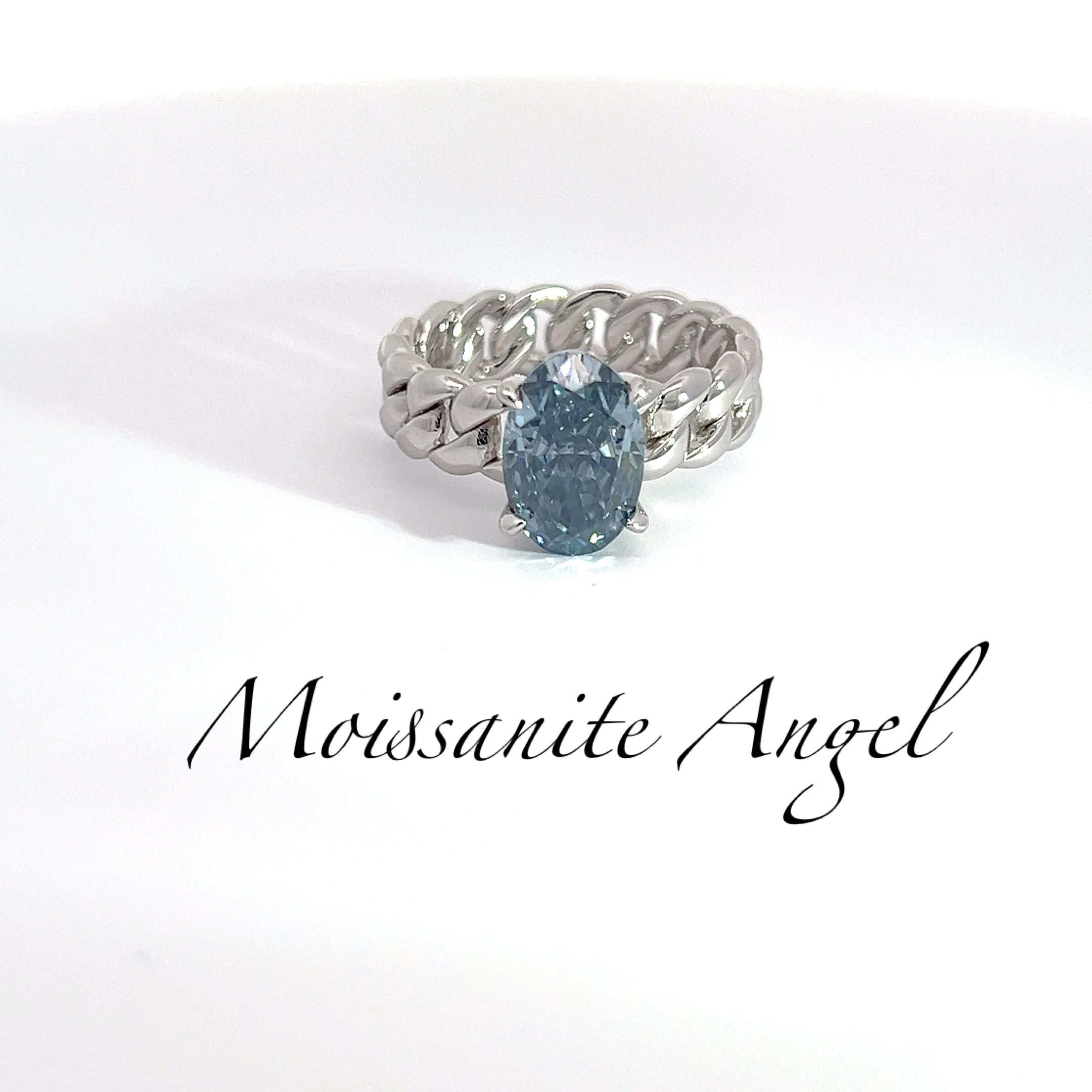 Vivid Blue 4 Carat Cuban-Link Moissanite Ring