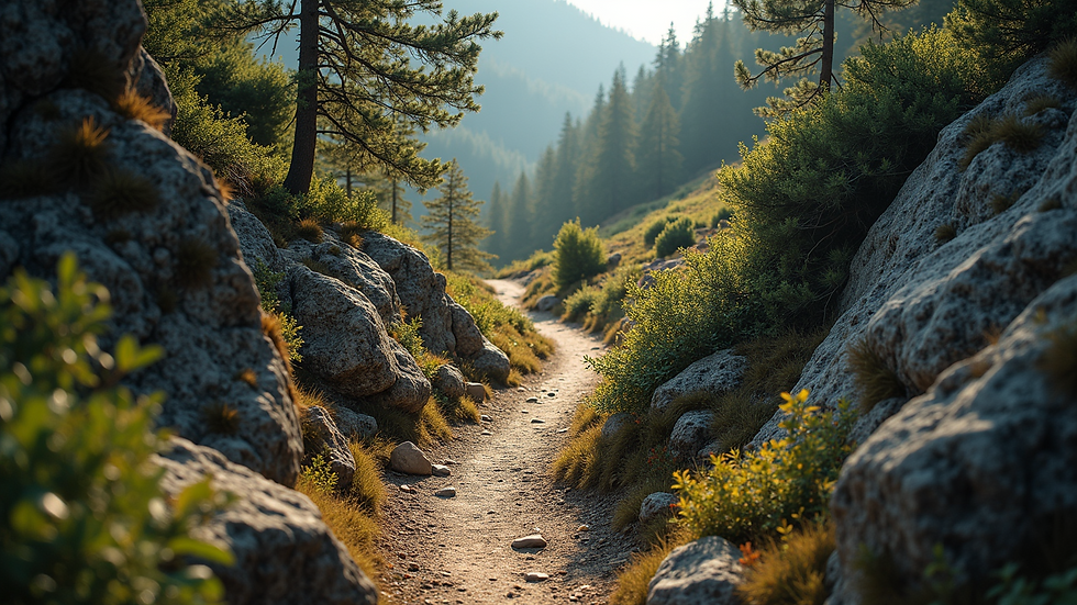 High angle view of a winding path through a rugged wilderness, symbolizing a spiritual journey