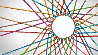Business Unity and connection partnership as ropes shaped as a circle in a group of divers