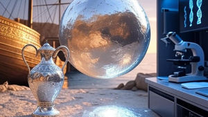 Historische und moderne Darstellung von kolloidalem Silber als Heilmittel: von antiken Silberkrügen bis zum modernen Labor.