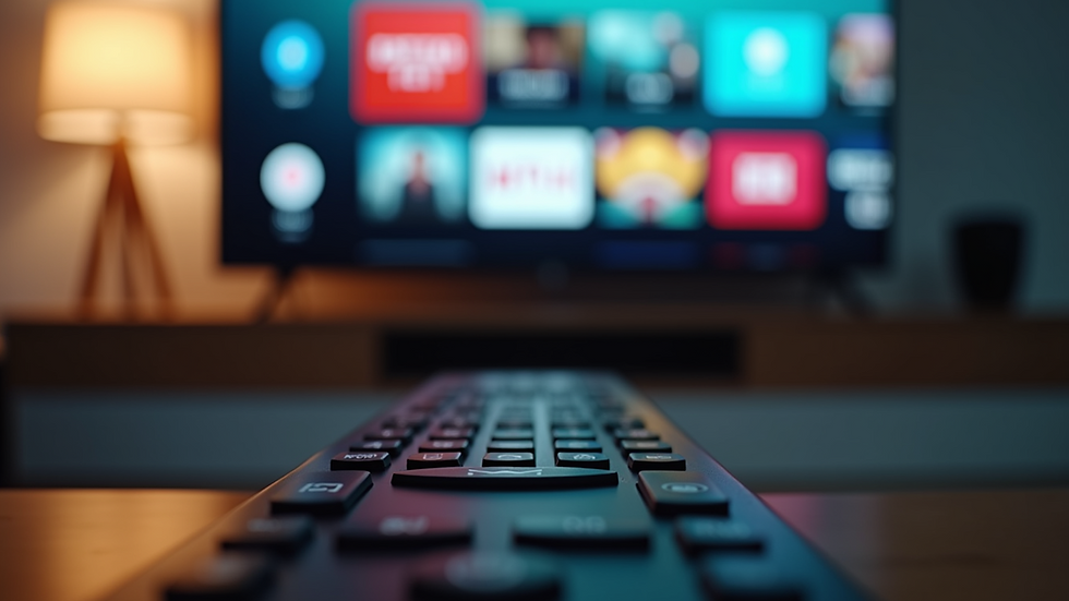 Close-up view of a remote control pointing at a smart TV screen with streaming apps