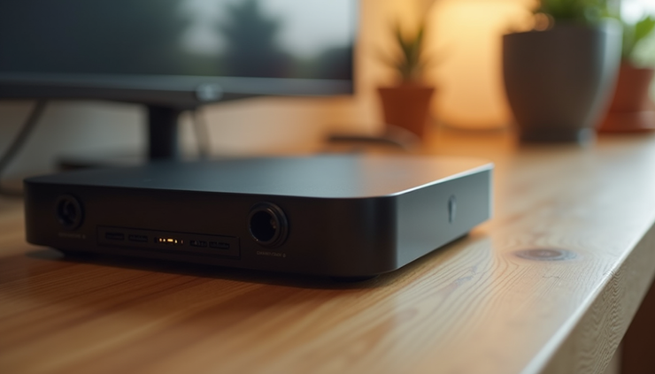 Eye-level view of a sleek My Simply TV streaming device on a wooden table