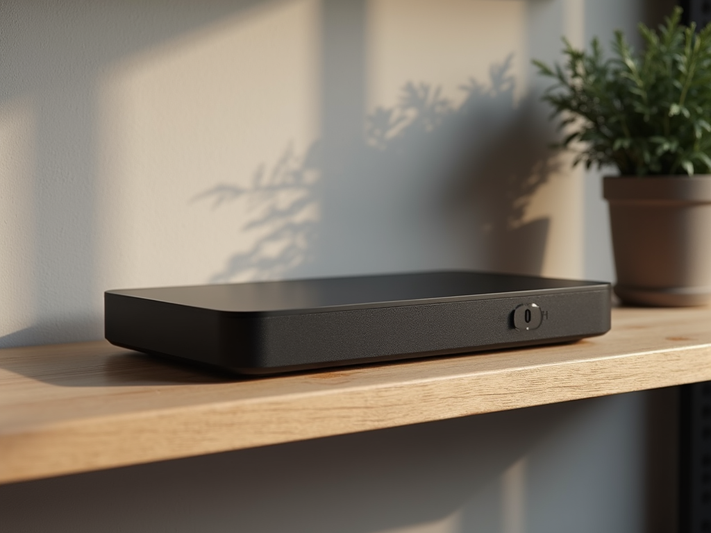 A sleek black My Simply TV Infiniti streaming device sitting on a wooden cabinet next to a glowing television.