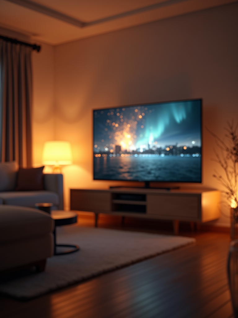 A cozy modern living room at night with soft ambient light coming from a large television screen.