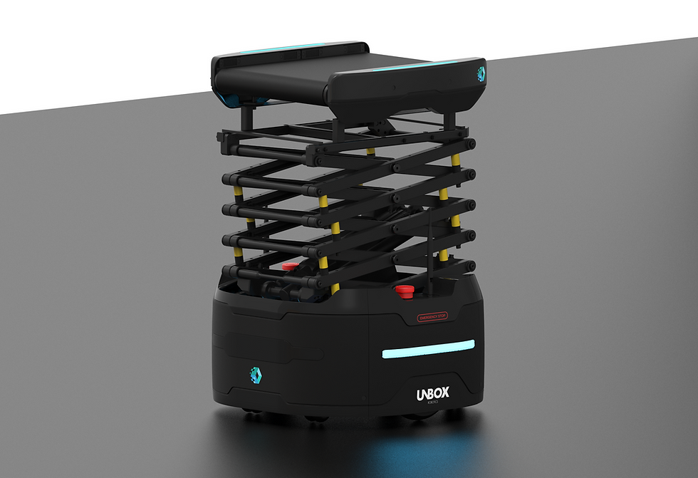 A black autonomous mobile robot featuring a scissor-lift mechanism designed for warehouse sorting.