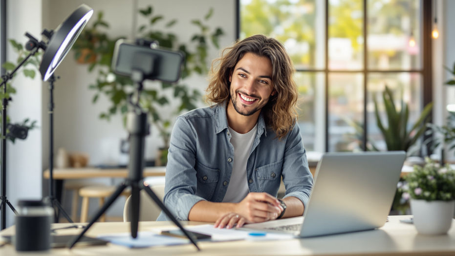 A man sitting in an office creating social media influencer marketing content
