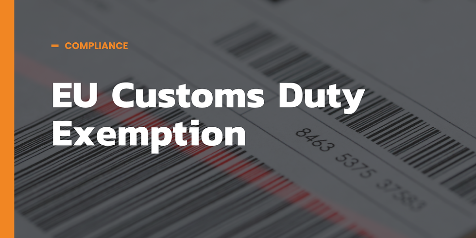 Text in Bold "EU Customs Duty Exemption" with background image of a parcel sorting label