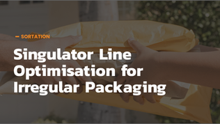 Image with text "Singulator Line Optimisation for Irregular Packaging" on a dark background with a light image of polybags and irregular ecommerce packaging