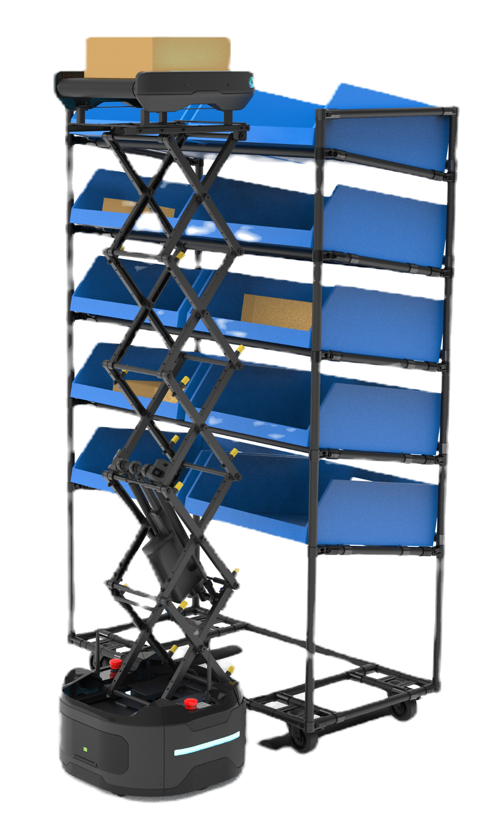 Autonomous warehouse robot with scissor lift and blue shelves carrying boxes on a white background