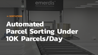 Image showing text "Automated Parcel Sorting Under 10K Parcels/Day" with an image of an automated parcel sorting line in the background over an opaque black background
