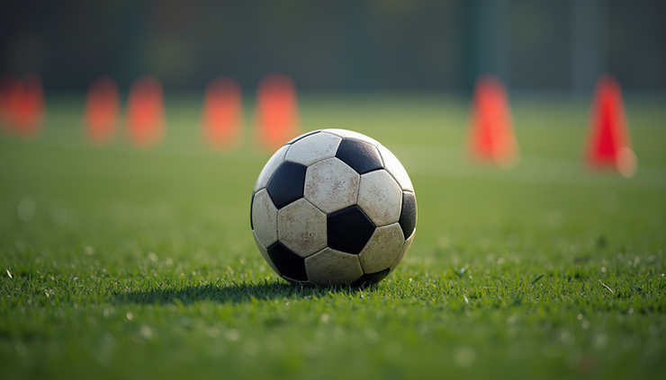 Close-up view of a football on grass with a blurred background of a training field in Hong Kong