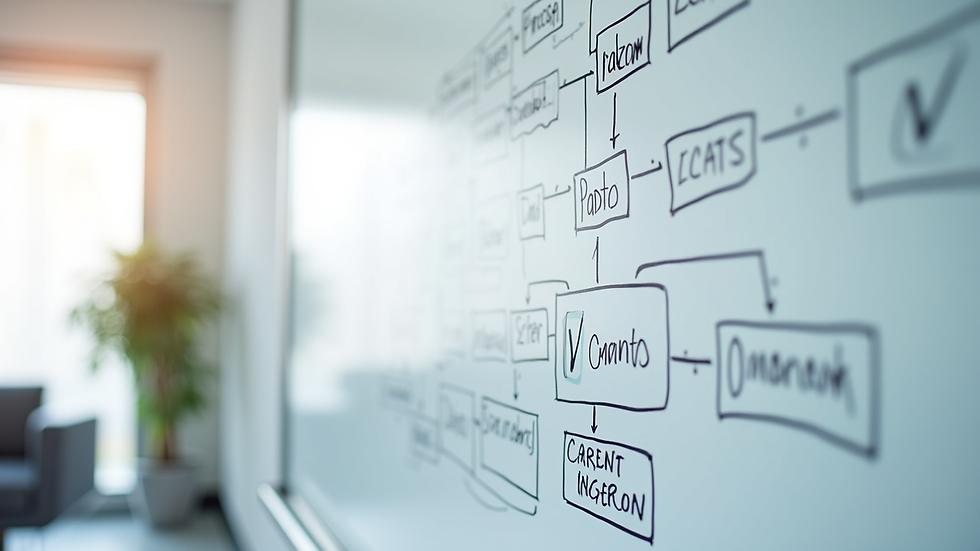 Close-up of a whiteboard with a complex flowchart of business processes