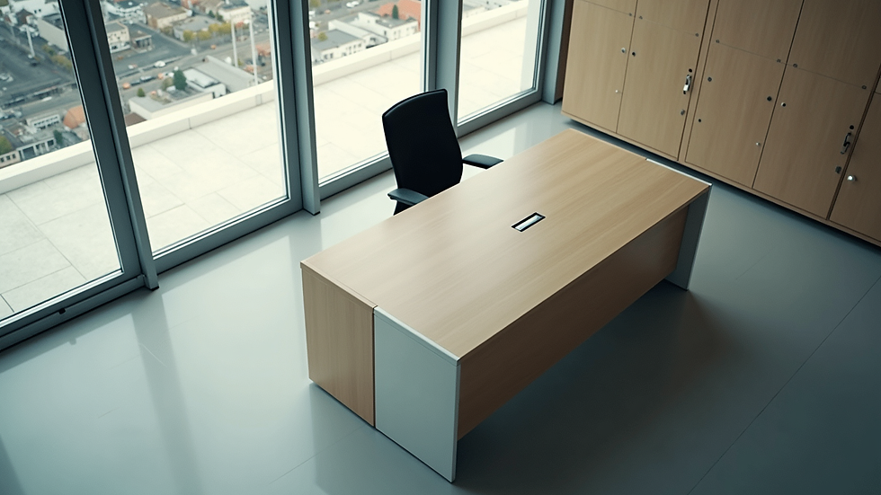 High angle view of an empty office desk with a single chair pushed back