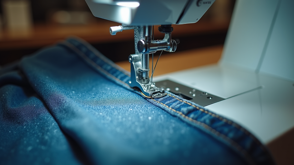 Eye-level view of a sewing machine stitching denim fabric