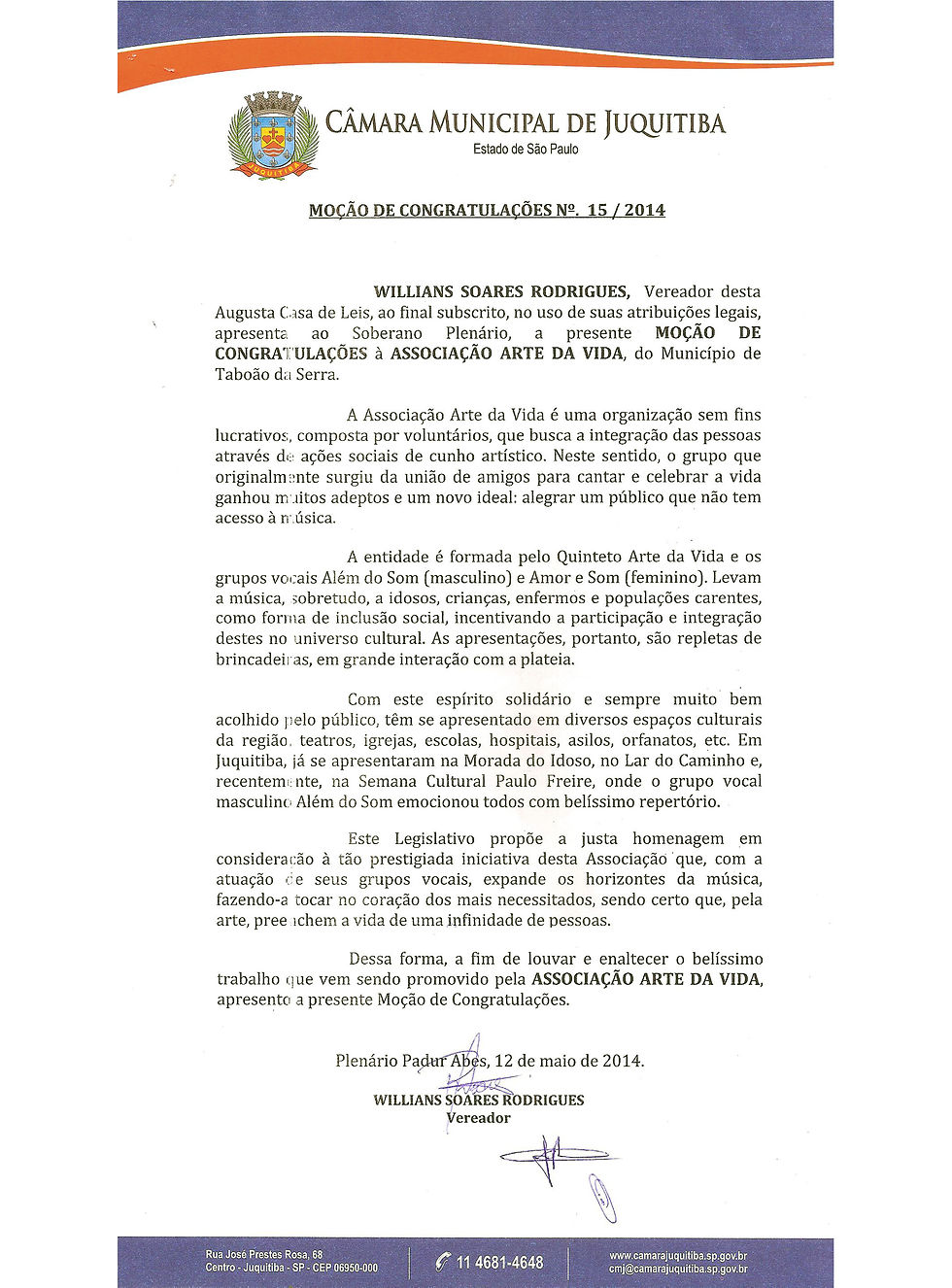 Moção de Congratulações da Câmara de Juq