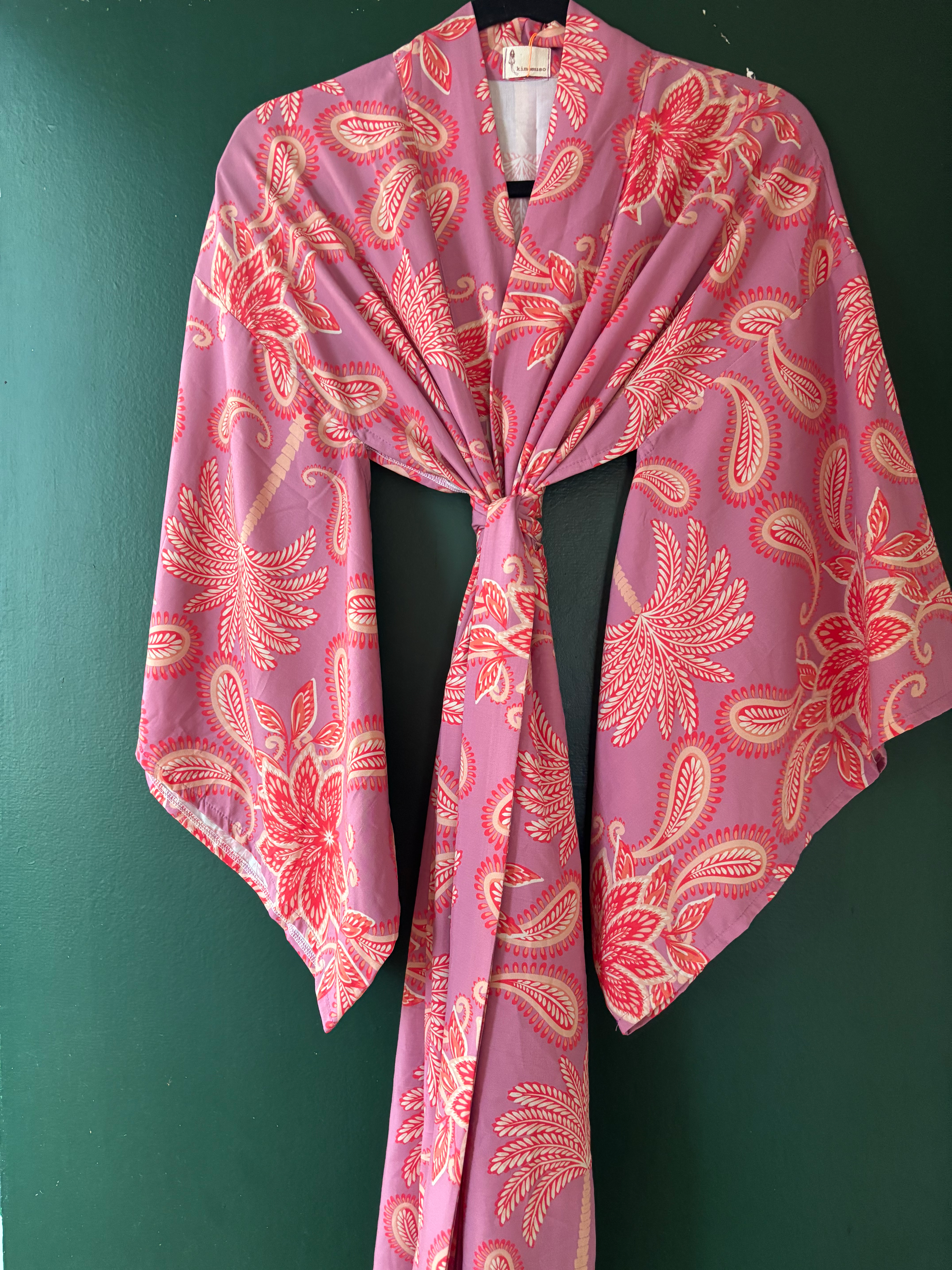 Kimono longo lilás e rosa 