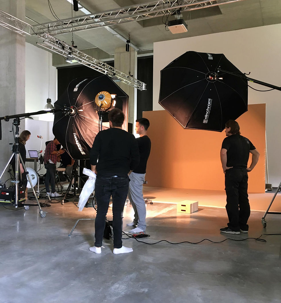 Close-up view of professional studio lighting and backdrop setup in a photography studio