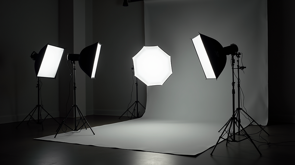 Close-up view of professional studio lighting setup in a rented Munich photo studio
