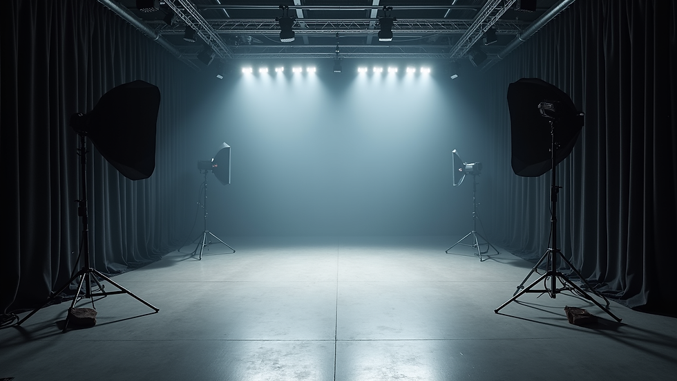high angle view of spacious event studio with lighting equipment