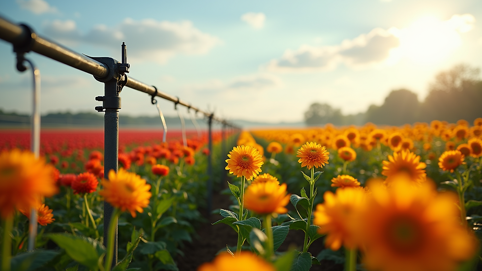 Eye-level view of a UK flower farm with drip irrigation system in use