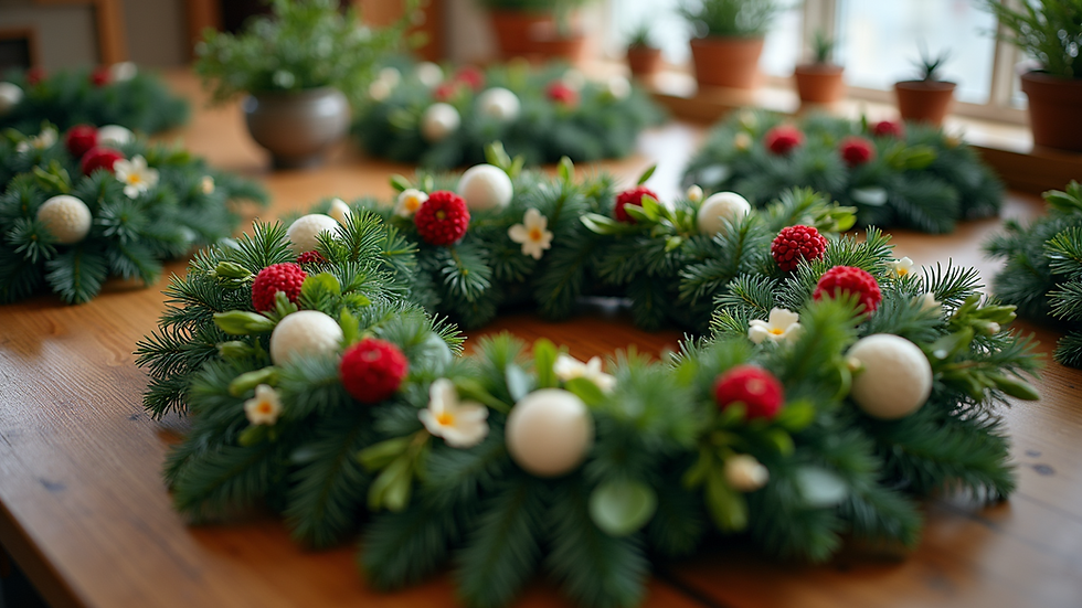 Eye-level view of a Christmas wreath workshop table with fresh greenery and flowers