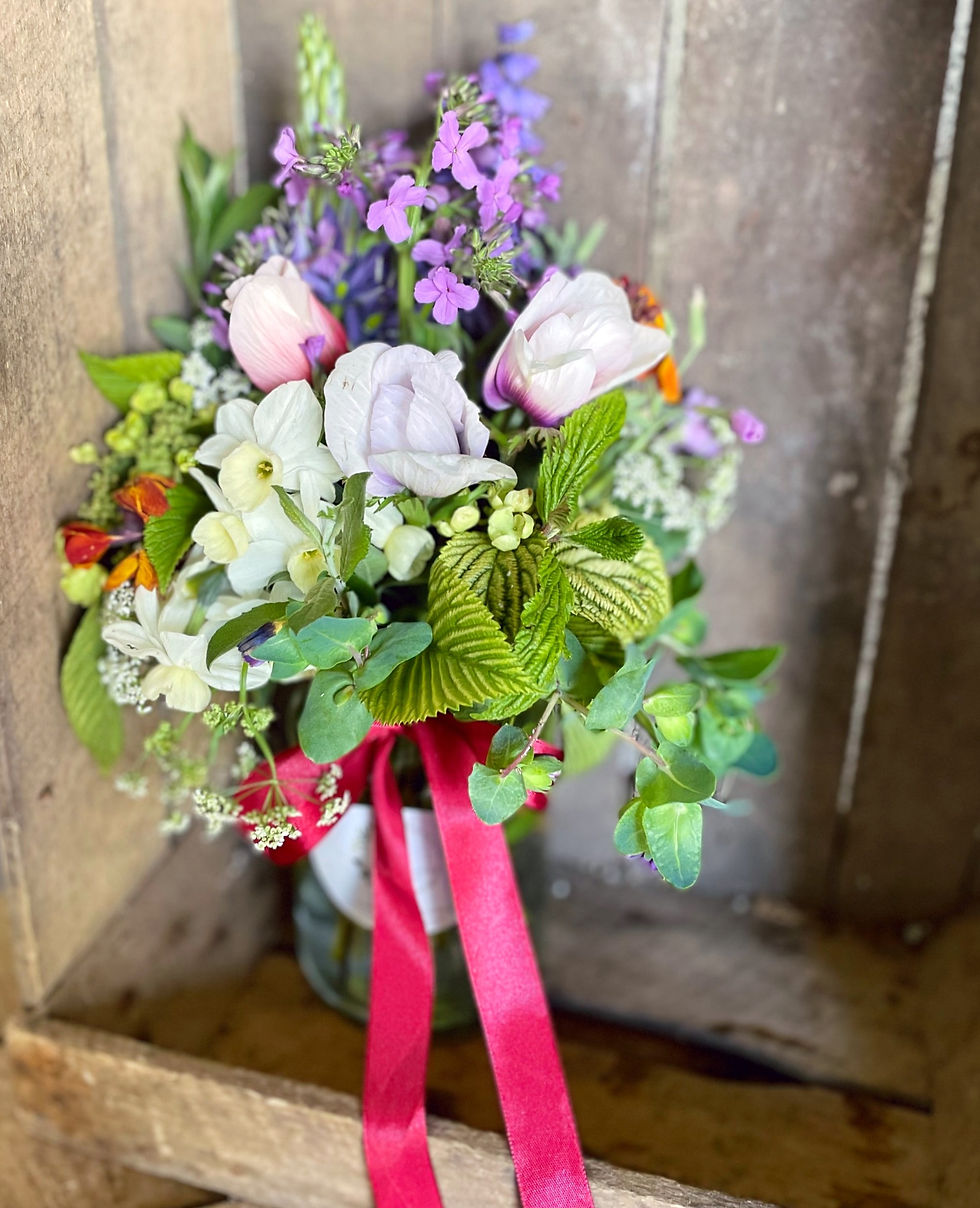 Thumbnail: Jam jar posie of seasonal flowers