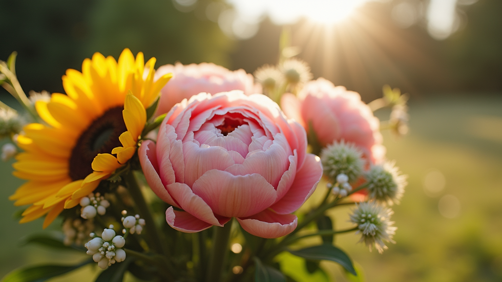 Eye-level view of a summer wedding bouquet with peonies and sunflowers
