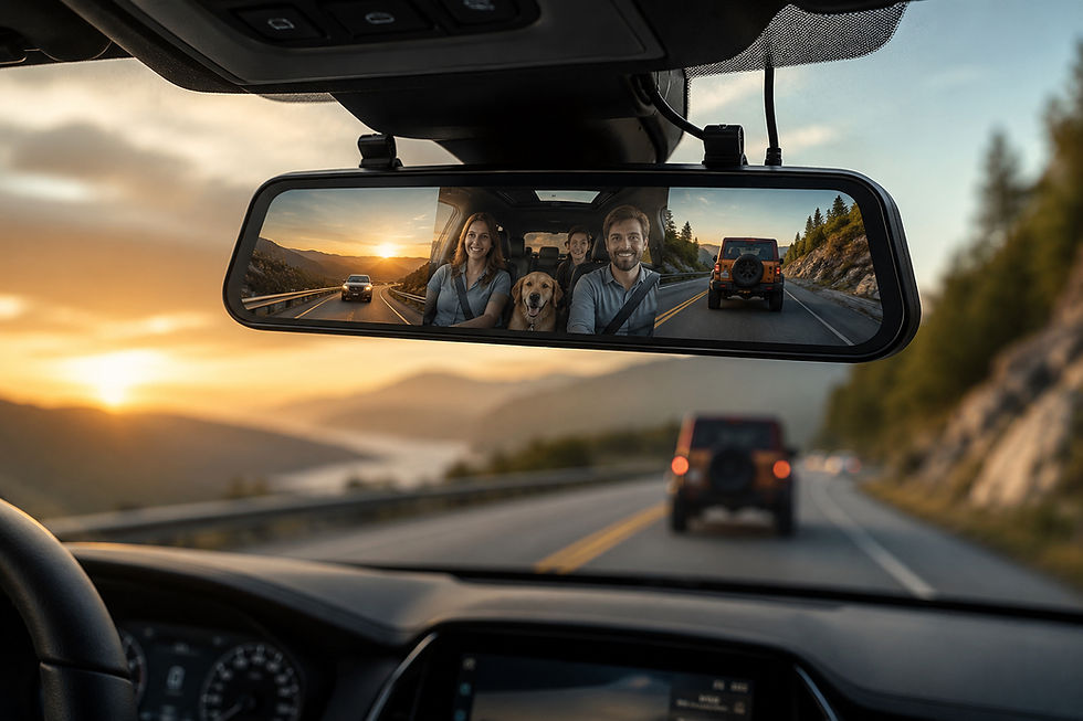 Eye-level view of Wolfbox G900 TriPro dash cam installed as a rearview mirror replacement in a car
