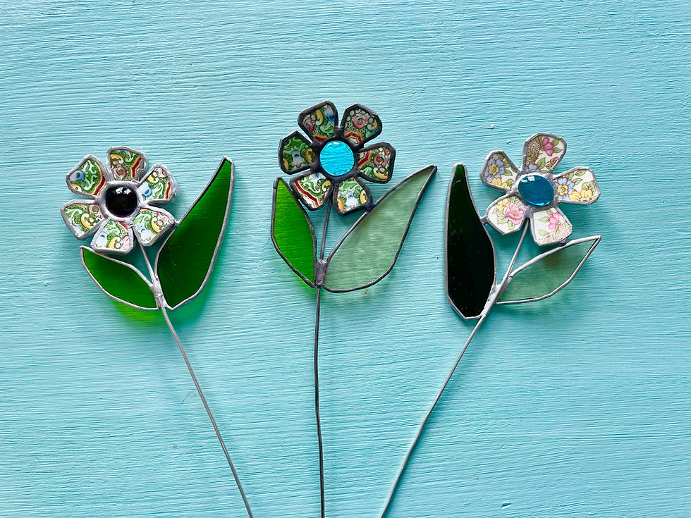 Thumbnail: Stained Glass and Vintage Ceramic Flower Plant Stake
