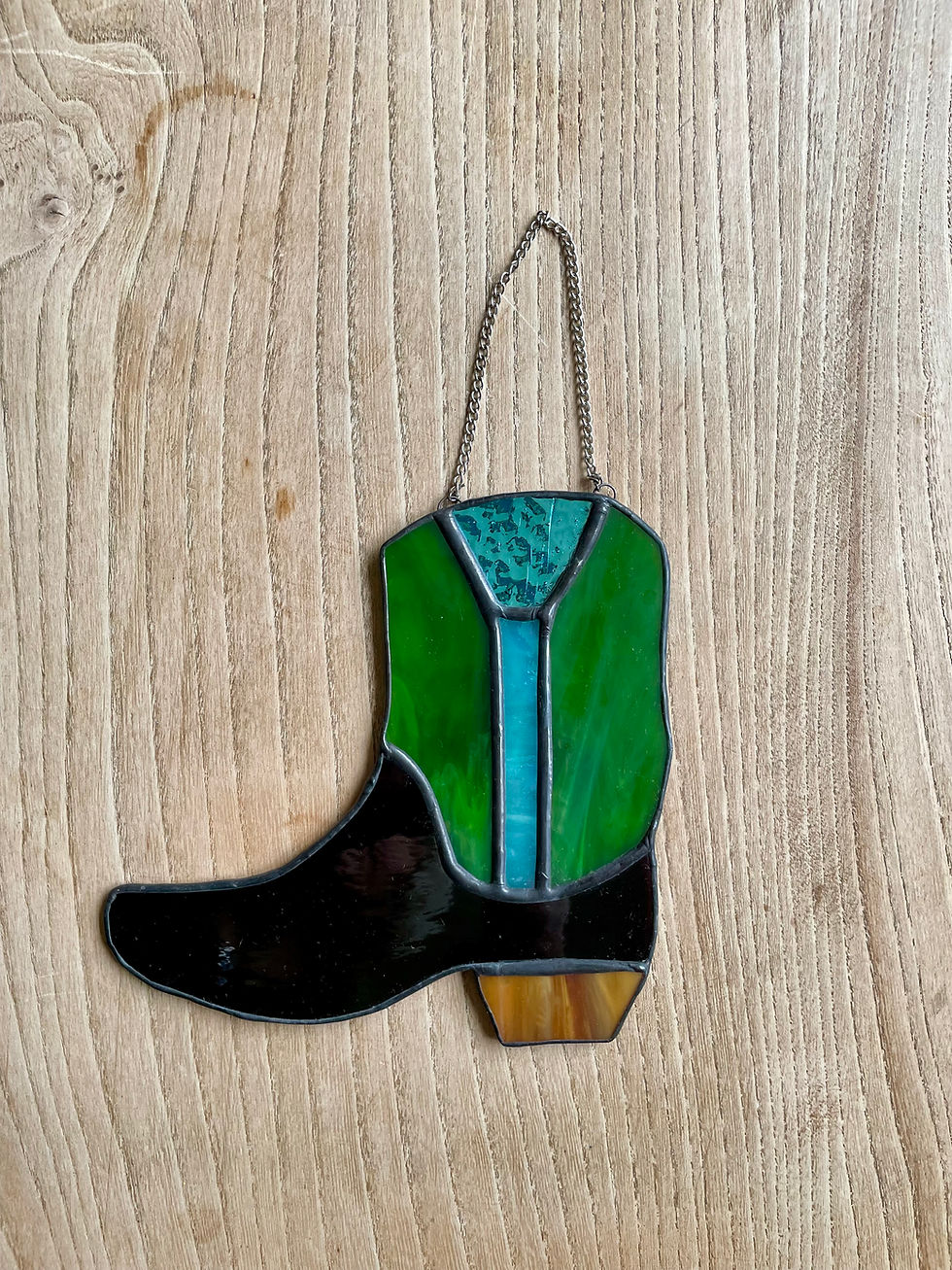 Thumbnail: Stained Glass Cowboy Boot Suncatcher in Green, Aubergine and Turquoise