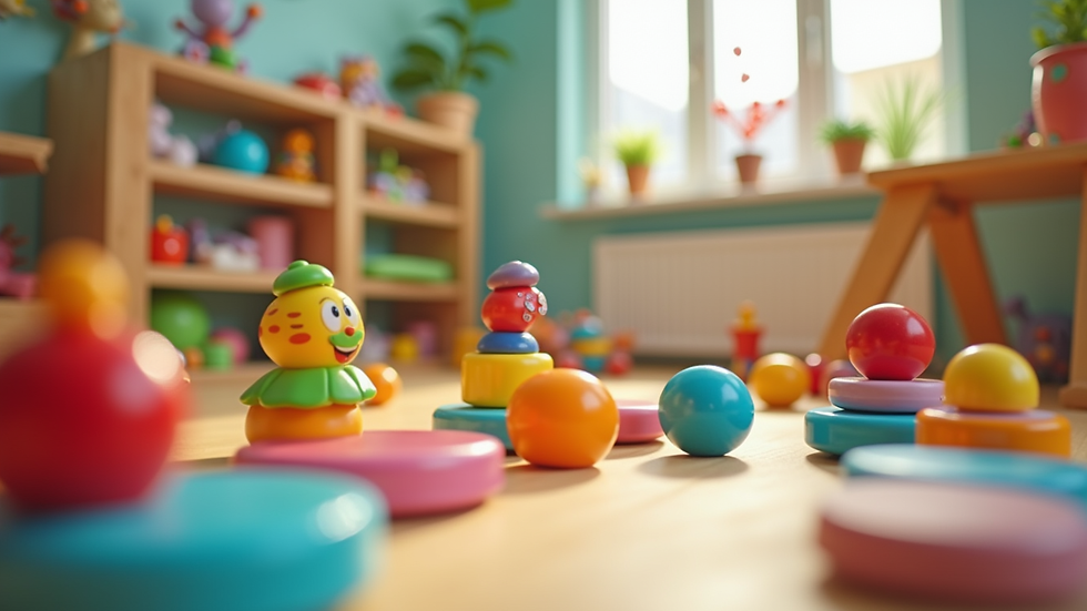 Close-up view of colorful toys and baby play area in rental space